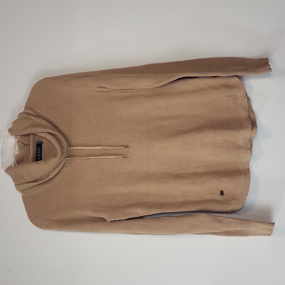 LAUREN RALPH LAUREN Camel Cotton Waffle Knit Drawstring Funnel Neck Sweater